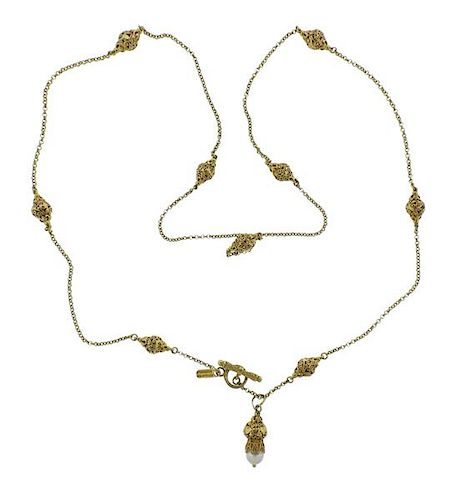 Konstantino 18k Gold Silver Long Station Pearl Necklace 