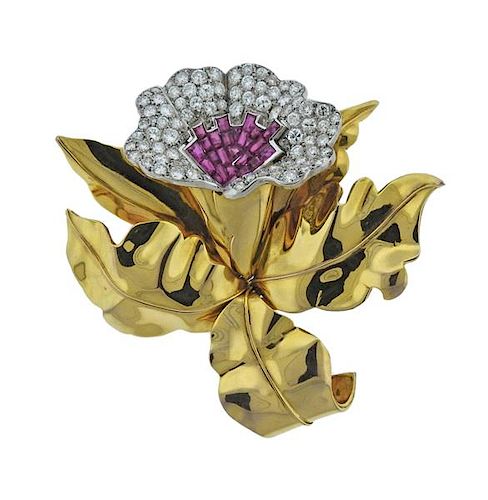 French 18K Gold Diamond Ruby Orchid Brooch 