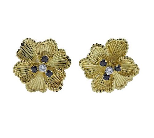Dan Frere 18k Gold Sapphire Diamond Flower Earrings 