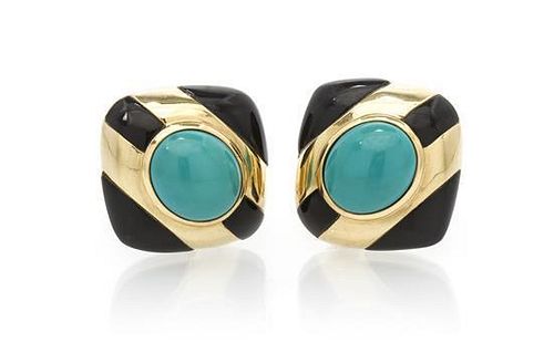A Pair of 14 Karat Yellow Gold, Onyx and Turquoise Earclips, 15.20 dwts.