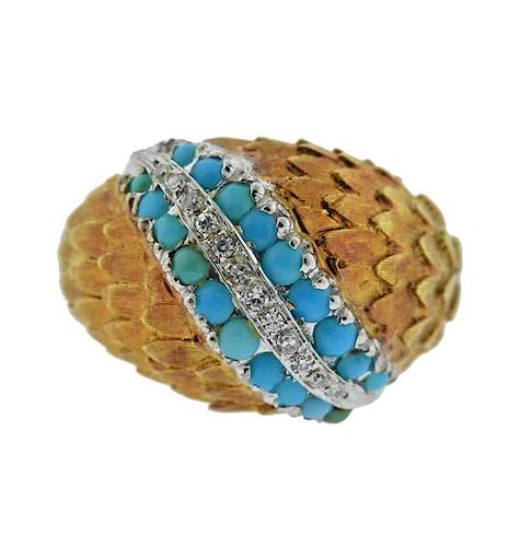18K Gold Diamond Turquoise Dome Ring
