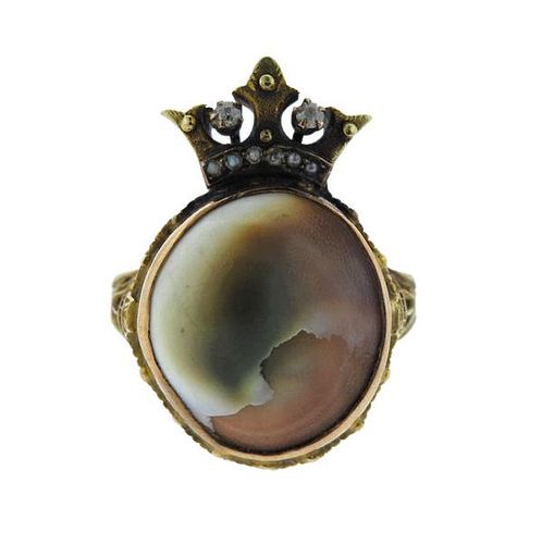 Antique 14K Gold Shell Pearl Diamond Ring