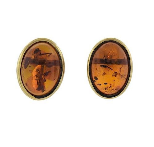 14K Gold Amber Oval Earrings