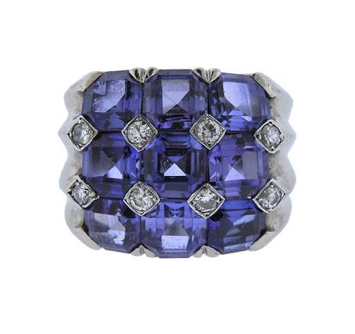 Platinum Diamond Blue Stone Wide Ring