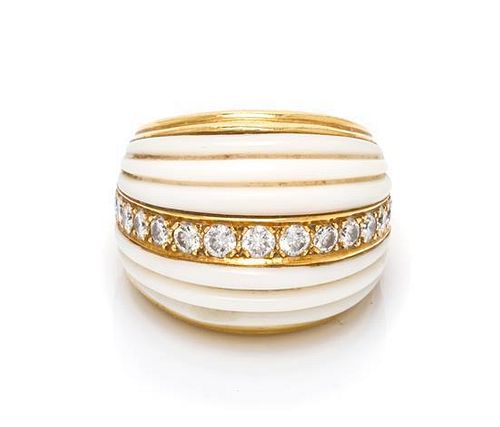 A Yellow Gold, White Coral and Diamond Ring, 11.80 dwts.