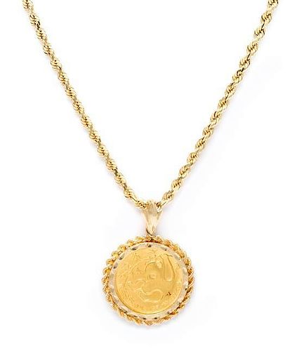 A 14 Karat Yellow Gold and Chinese Panda Gold Coin Pendant Necklace, 21.80 dwts.