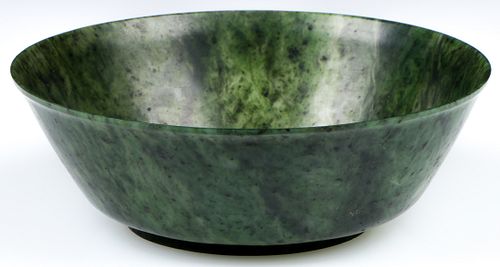 Antique Chinese Carved Green Spinach Jade Bowl