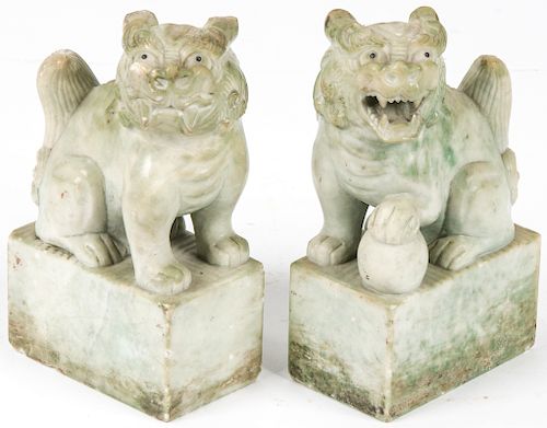 Pair of Antique Chinese Carved Hardstone Foo Lions