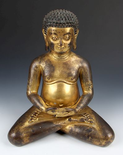 Large Antique Sino-Tibetan Gilt Bronze Buddha