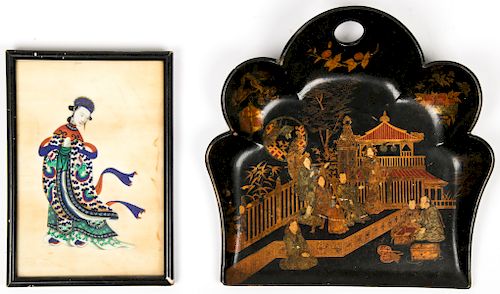 Chinese Pith Painting and Lacquer Painted Wood Tray