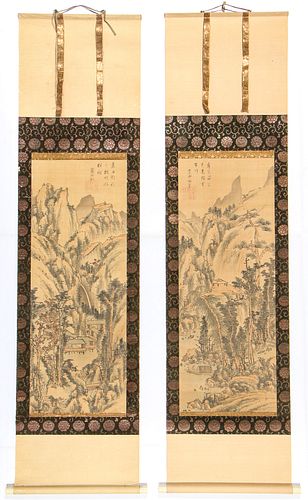 Pair of Japanese Landscape Scroll Paintings