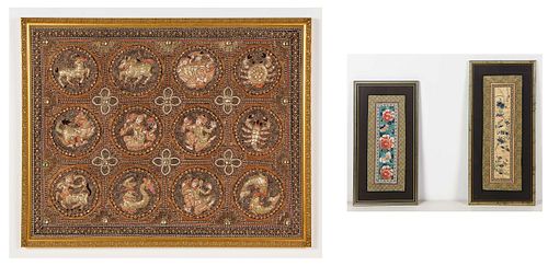 Thai Framed Needlework and 2 Framed Chinese Silk Embroideries