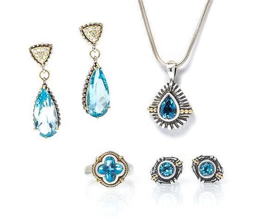 A Collection of Sterling Silver, 18 Karat Yellow Gold, Blue Topaz and Diamond Jewelry, 31.10 dwts.