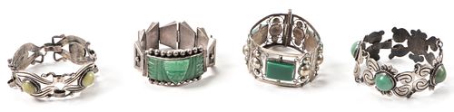 4 Silver and Malachite Bracelets, Mexico