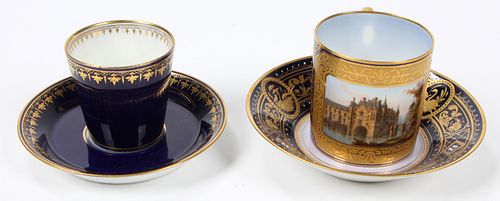 2 Hand Painted Porcelain Parcel Gilt Cup and Saucer Sets, incl. Sevres