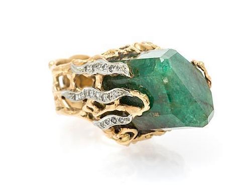 * A Yellow Gold, Emerald and Diamond Ring, 17.40 dwts.