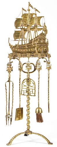 Antique Brass Nautical Tall Mast Clipper Ship Fireplace Tool Set