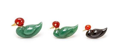 * A Collection of 18 Karat Yellow Gold and Hardstone Duck Brooches, 12.70 dwts.