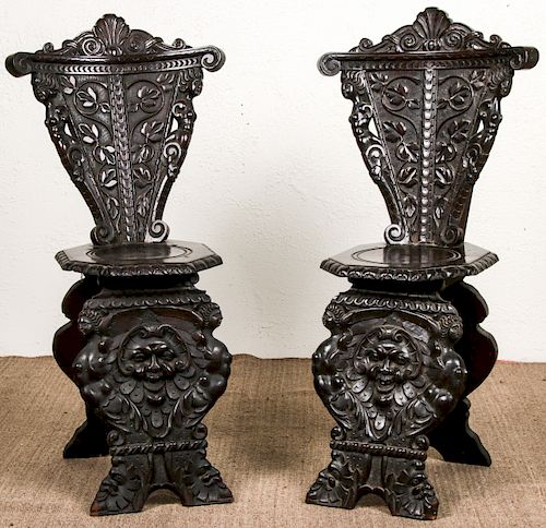Pair of Antique Italian Renaissance Style Sgabello Chairs