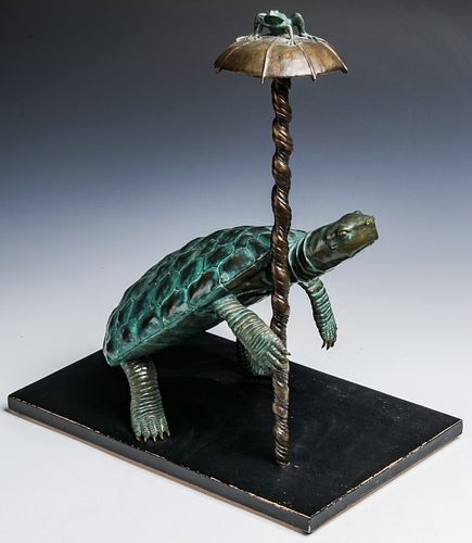 Bronze Garden Statue of a Turtle with Umbrella