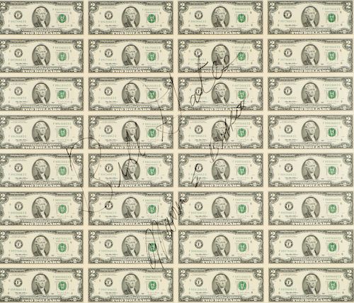 Full Sheet Uncut $2 Dollar Bills Signed by Warren Buffet and Bill Gates