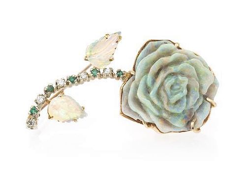 A 14 Karat Yellow Gold, Carved Opal, Diamond and Emerald Flower Brooch, 8.00 dwts.