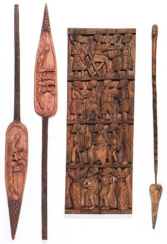 Vintage Carved African Relief Panel & 3 Paddles