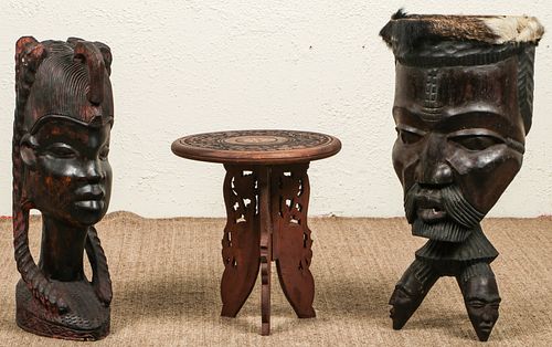 2 Vintage African Carved Wood Figural Forms & Side Table