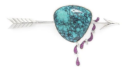 * An 18 Karat White Gold, Turquoise, Diamond and Ruby Arrow Brooch, Michael Youssoufian, 45.30 dwts.