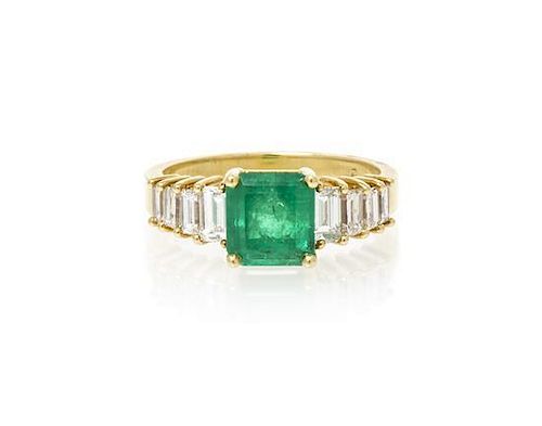 An 18 Karat Yellow Gold, Emerald and Diamond Ring, 3.10 dwts.