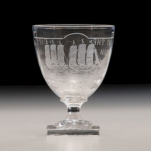 Blown and Cut, Etched Glass Wine Goblet Commemorating the Capture of Gibraltar in 1704