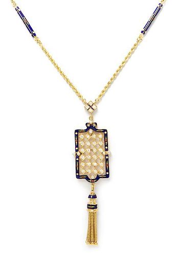 A Yellow Gold, Polychrome Enamel and Diamond Lavalier Necklace, 19.50 dwts.