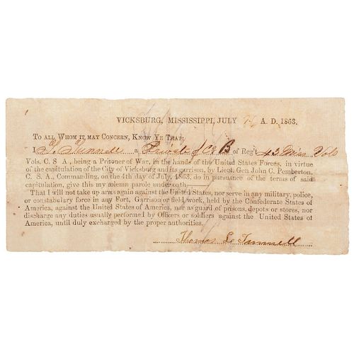1863 Vicksburg Parole Document, Signed by CSA Private Thomas L. Tunnell, 43rd Mississippi Infantry
