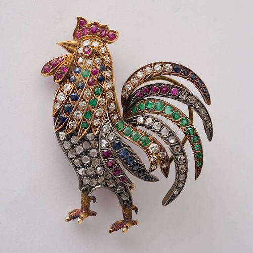 18K GOLD, DIAMOND, RUBY, EMERALD AND SAPPHIRE ROOSTER BROOCH