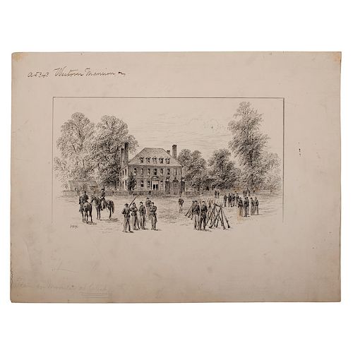 General Fitz John Porter's Headquarters in the Westover Mansion, Virginia, July 1862, Pen and Ink by Alfred R. Waud