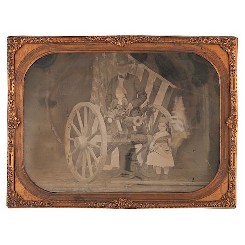Spectacular Patriotic Full Plate Ambrotype of Uncle Sam Posed with Cannon and Young Children