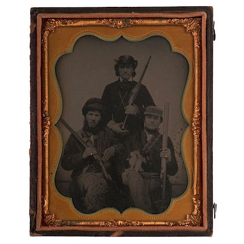 Quarter Plate Tintype of Southern Hunters, One Armed with 1840s Hall Patent Breech Loading Carbine