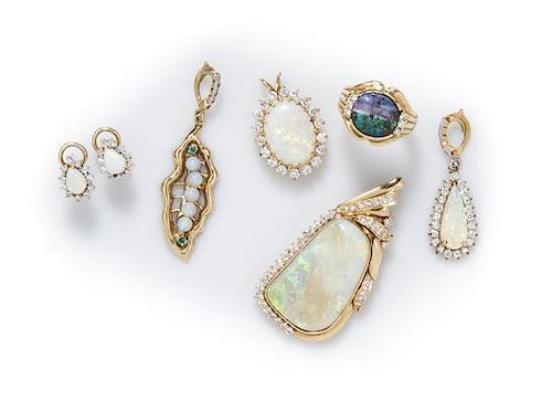 A Collection of Yellow Gold, Opal and Diamond Jewelry, 23.70 dwts.