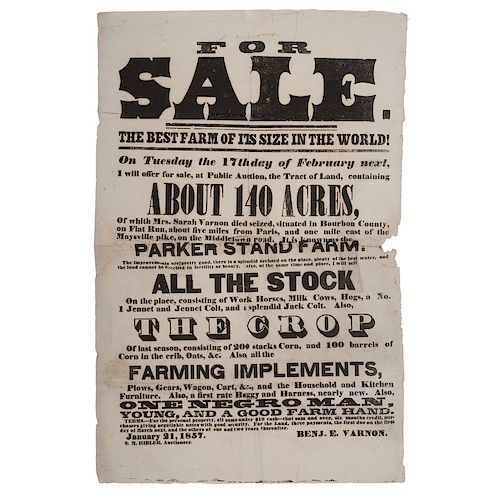 Bourbon County, Kentucky Slave Sale Broadside Advertising "One Negro Man," 1857