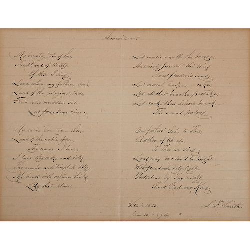 Samuel Smith Written and Signed Poem, America