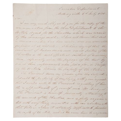 Georgia Governor George R. Gilmer, ALS Regarding Cherokee Indians, 1830