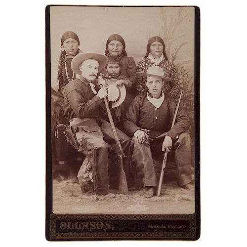 Ollason Studio Cabinet Card Featuring Cowboys in Full Dress with American Indian Women and Child