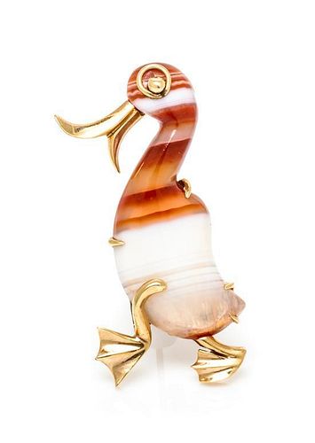 * A Retro 14 Karat Yellow Gold and Banded Agate Duck Brooch, Tiffany & Co., 5.40 dwts.