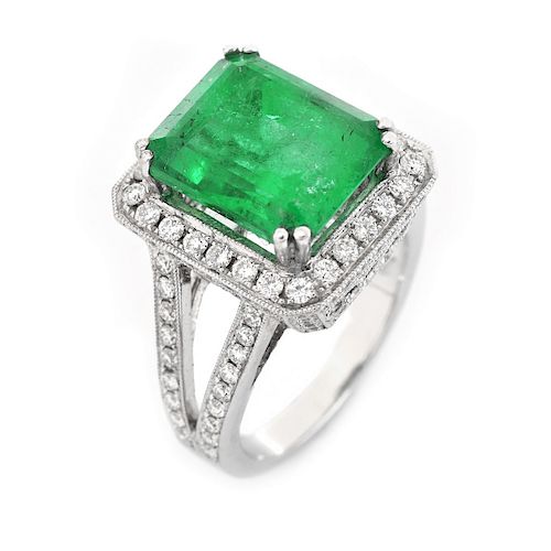 Approx. 6.35 Carat Colombian Emerald, 1.75 Carat Round Brilliant Cut Diamond and 18 Karat White Gol