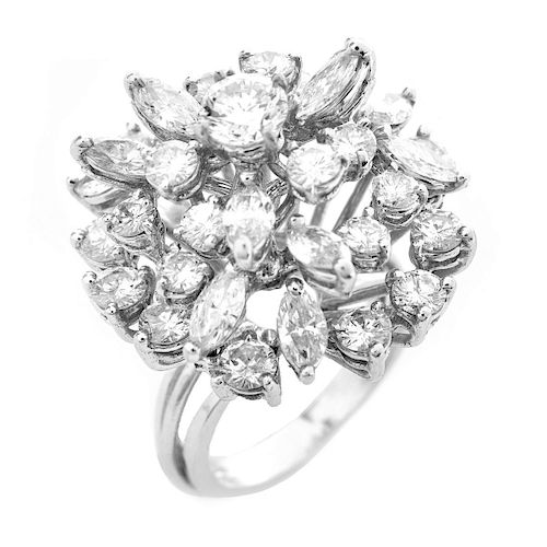 Vintage Approx. 5.0 Carat Marquise and Round Brilliant Cut Diamond and Platinum Cluster Ring. Diamo