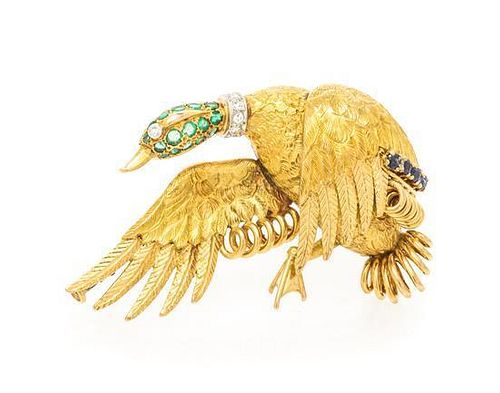 * An 18 Karat Yellow Gold, Emerald, Sapphire and Diamond Mallard Brooch, Hermes Paris, 12.30 dwts.
