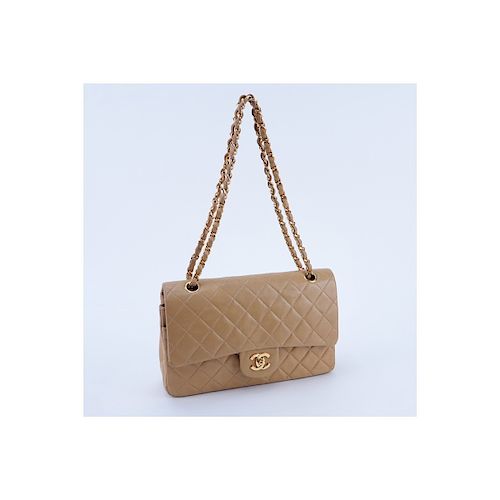 Chanel Dark Beige Quilted Leather Classic Double Flap 26 Handbag. Gold tone hardware, matching leat