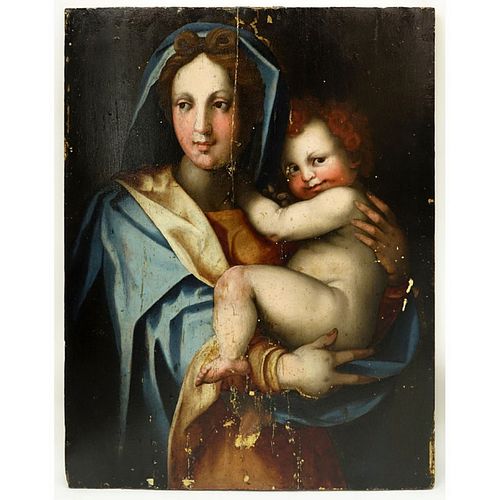 Large 16/17th Century Florentine School Oil on Panel, "Madonna and Child". Conserved condition, cra