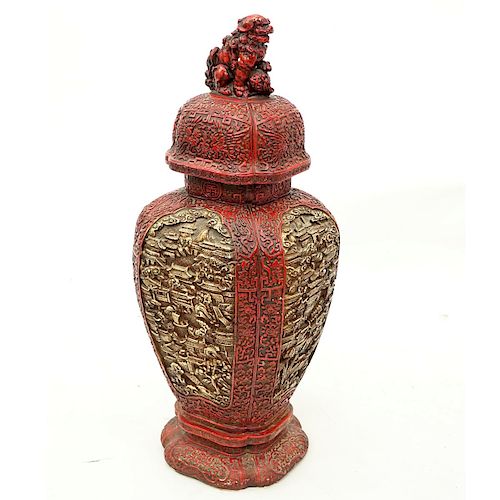 Large Chinese Cinnabar Style Raised Relief Plaster, In the Form of a Covered Urn. A few nicks to su