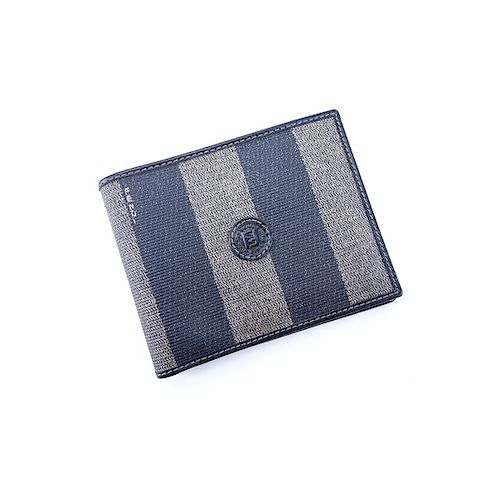 Fendi Black/Beige Striped Coated Canvas Bifold 3 Slot Wallet. Gold tone hardware. Labeled appropria